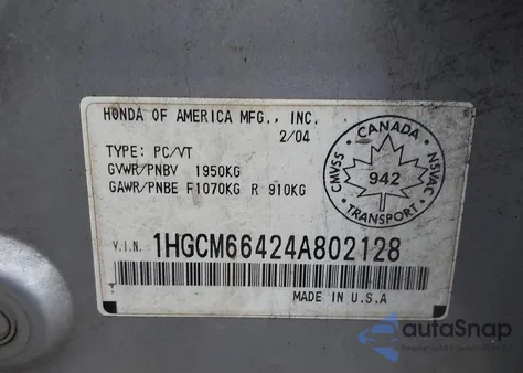 2004 Honda Accord Ex V6 z USA, uszkodzony, nr VIN 1HGCM66424A802128